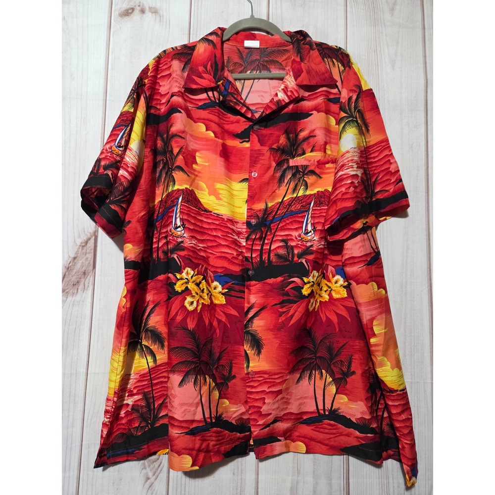King Kameha Mens 3XL Hawaiian Shirt Sunset Tropical Palm Tree Sailboat‎ Red